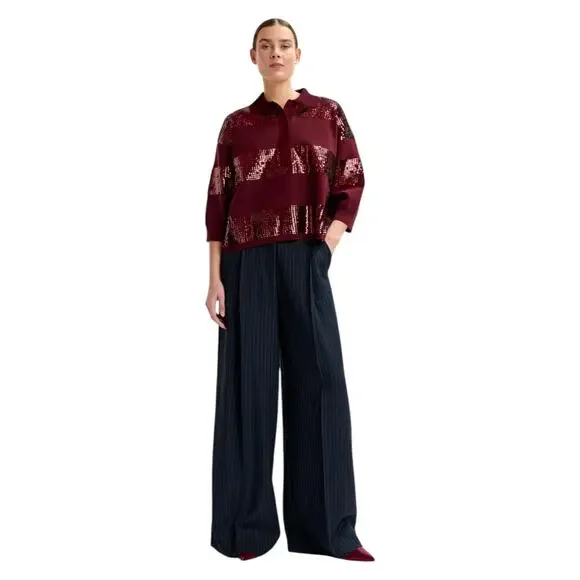ESSENTIEL ANTWERP Illuminati Sequin Striped Polo Shirt in Wine S